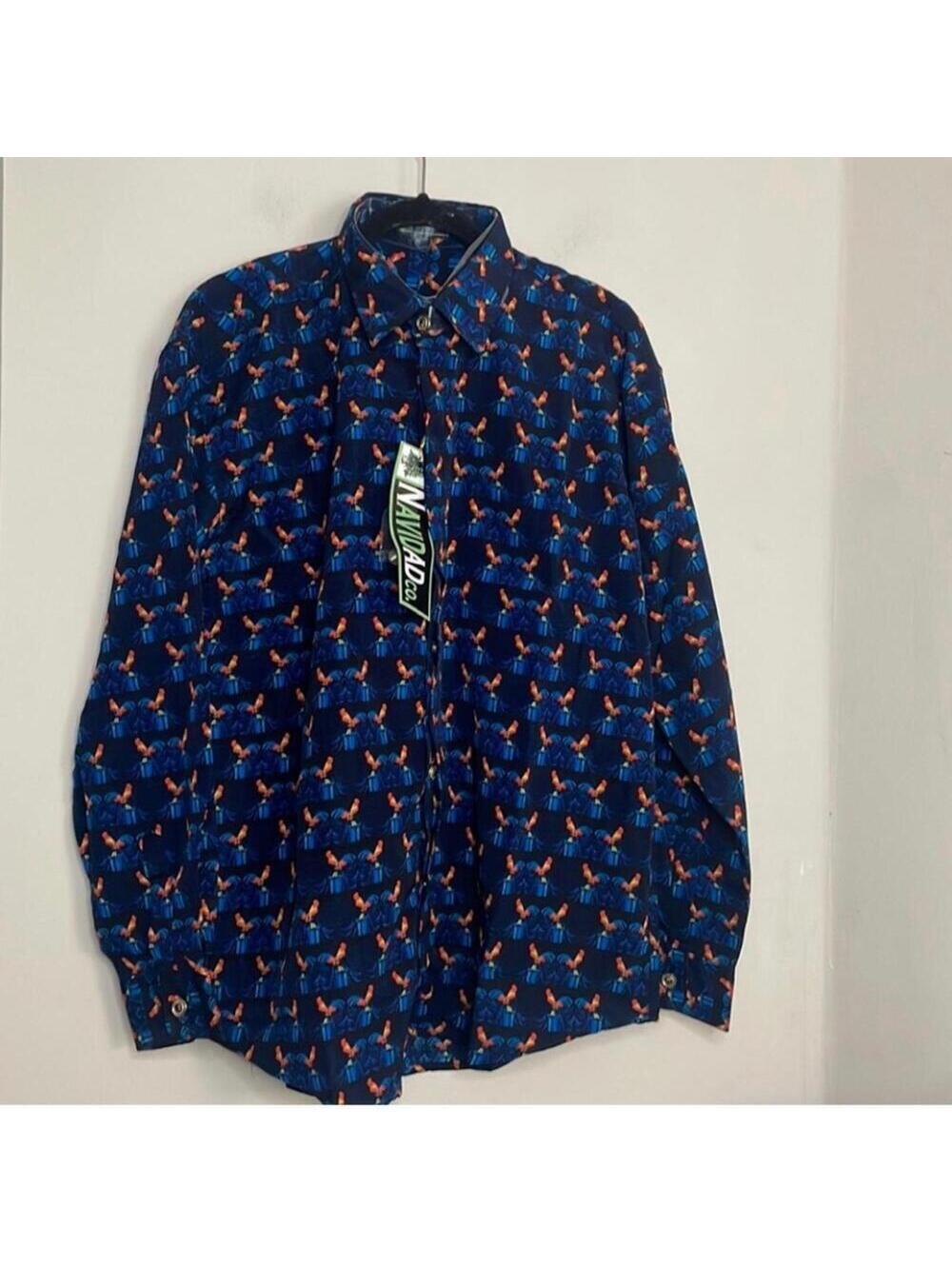 NWT Navidad Blue Long Sleeve Button Down Novelty Print Rooster Men’s Shirt